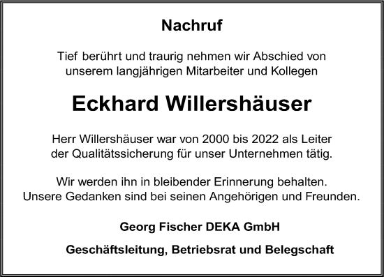 Traueranzeige von Eckhard Willershäuser von Hinterländer Anzeiger