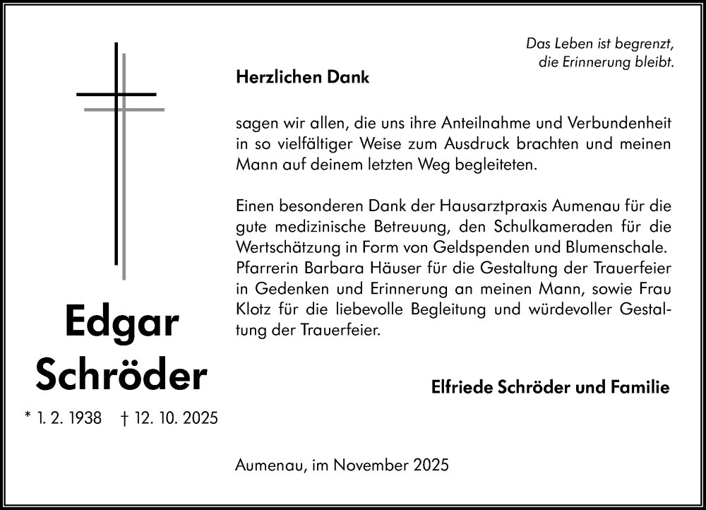  Traueranzeige für Edgar Schröder vom 22.11.2025 aus Weilburger Tageblatt