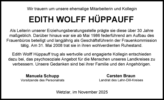 Traueranzeige von Edith  Wolff Hüppauff von Dill Block