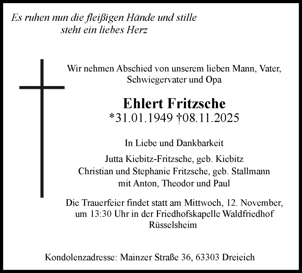  Traueranzeige für Ehlert Fritzsche vom 11.11.2025 aus Rüsselsheimer Echo