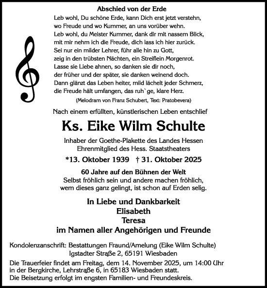 Traueranzeige von Eike Wilm Schulte von Wiesbadener Kurier
