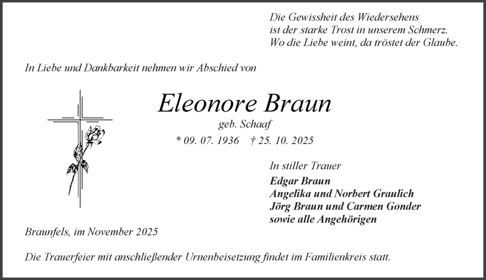  Traueranzeige für Eleonore Braun vom 15.11.2025 aus Wetzlarer Neue Zeitung