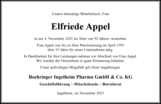 Traueranzeige von Elfriede Appel von Allgemeine Zeitung Rheinhessen-Nahe