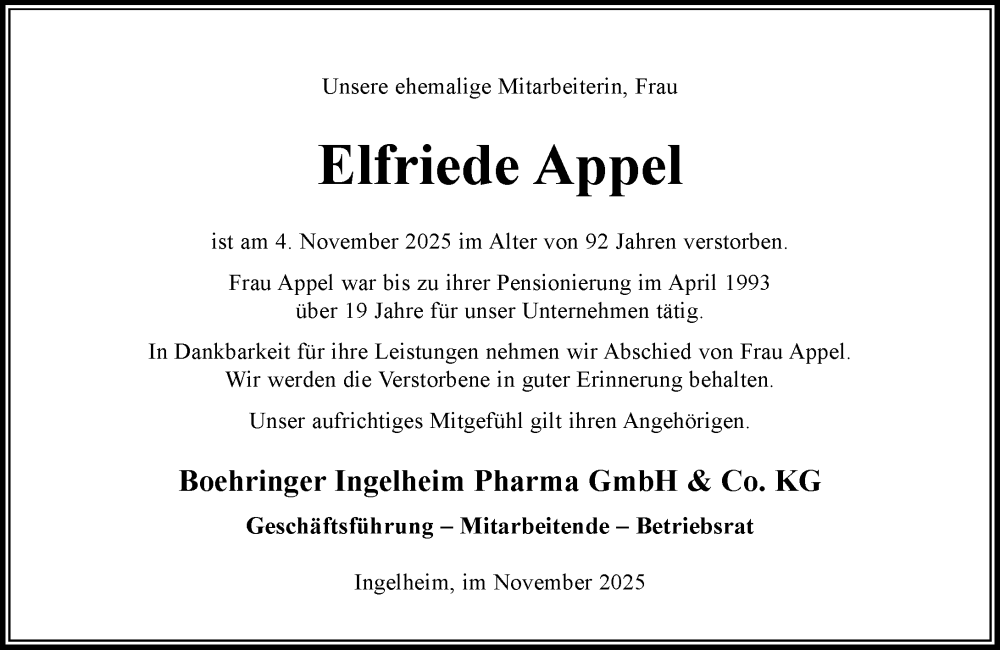  Traueranzeige für Elfriede Appel vom 15.11.2025 aus Allgemeine Zeitung Rheinhessen-Nahe