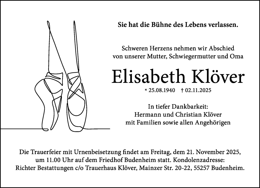  Traueranzeige für Elisabeth Klöver vom 08.11.2025 aus Allgemeine Zeitung Mainz