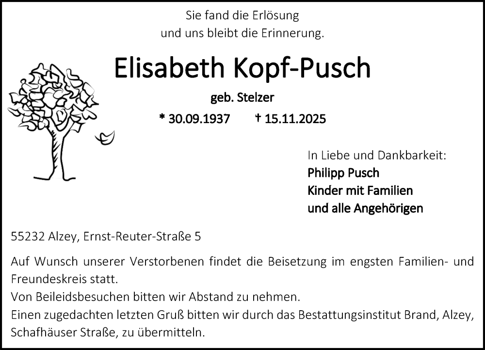  Traueranzeige für Elisabeth Kopf-Pusch vom 22.11.2025 aus Allgemeine Zeitung Alzey
