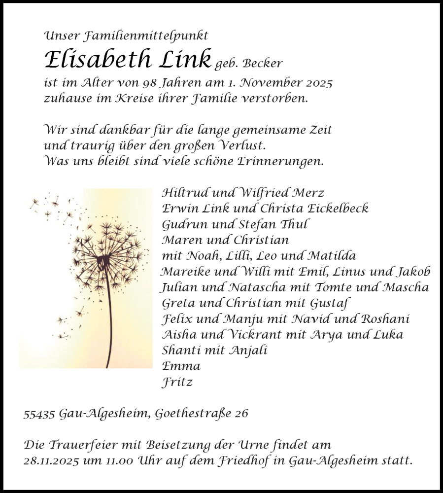  Traueranzeige für Elisabeth Link vom 15.11.2025 aus Allgemeine Zeitung Rheinhessen-Nahe