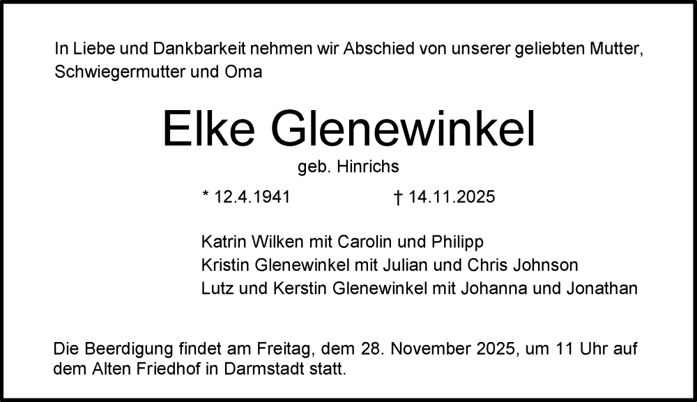  Traueranzeige für Elke Glenewinkel vom 22.11.2025 aus Darmstädter Echo