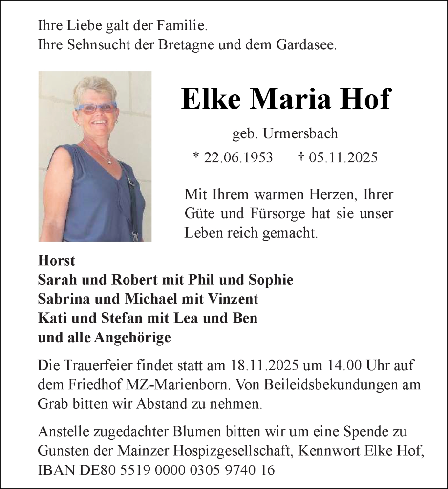 Traueranzeige für Elke Maria Hof vom 15.11.2025 aus Allgemeine Zeitung Mainz