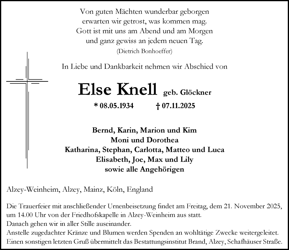  Traueranzeige für Else Knell vom 15.11.2025 aus Allgemeine Zeitung Alzey