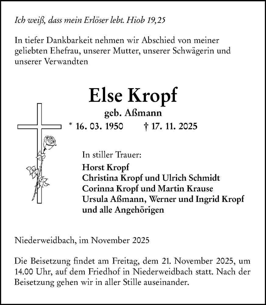 Traueranzeige für Else Kropf vom 20.11.2025 aus Hinterländer Anzeiger