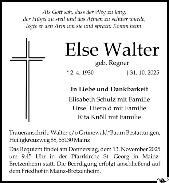 Traueranzeige von Else Walter von Allgemeine Zeitung Mainz