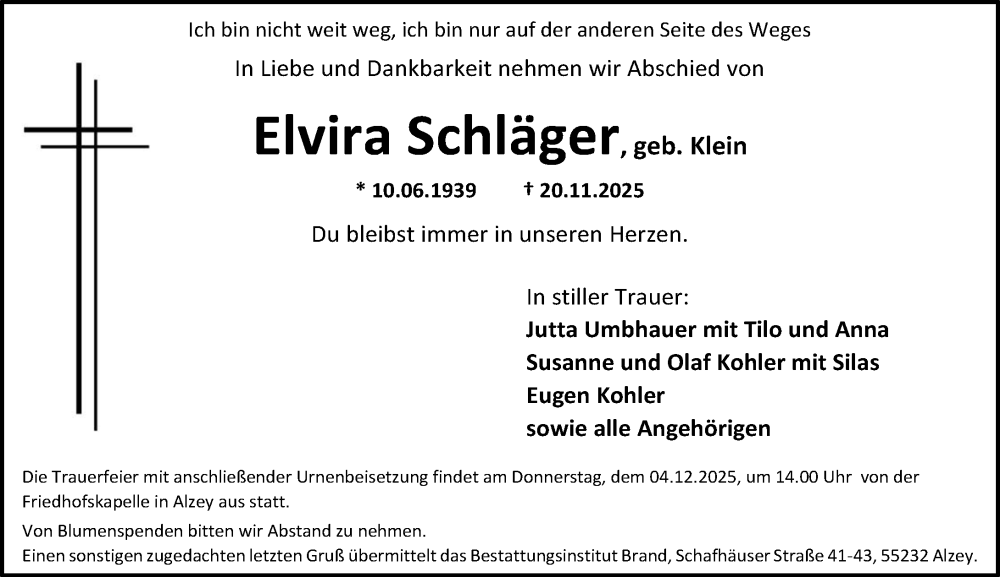  Traueranzeige für Elvira Schläger vom 29.11.2025 aus Allgemeine Zeitung Alzey