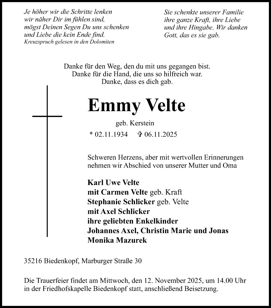  Traueranzeige für Emmy Velte vom 08.11.2025 aus Hinterländer Anzeiger