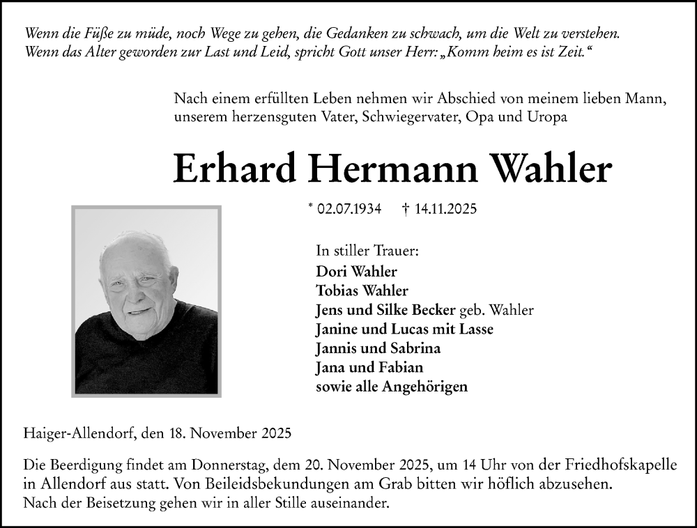  Traueranzeige für Erhard Hermann Wahler vom 18.11.2025 aus Dill Block