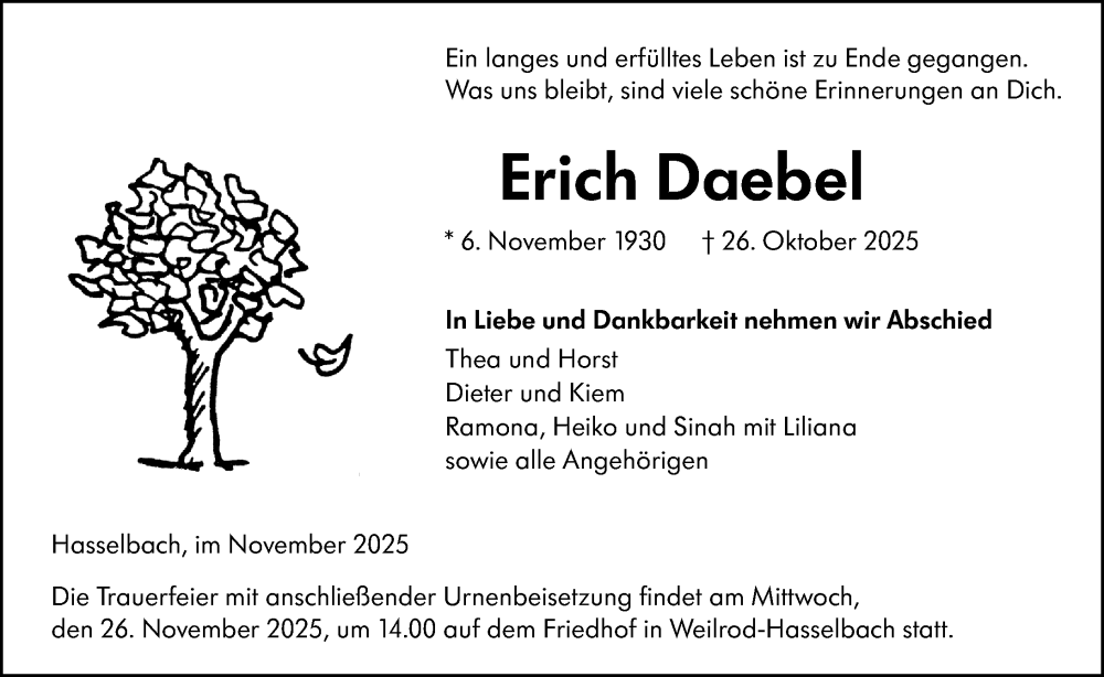  Traueranzeige für Erich Daebel vom 20.11.2025 aus Camberger Anzeiger