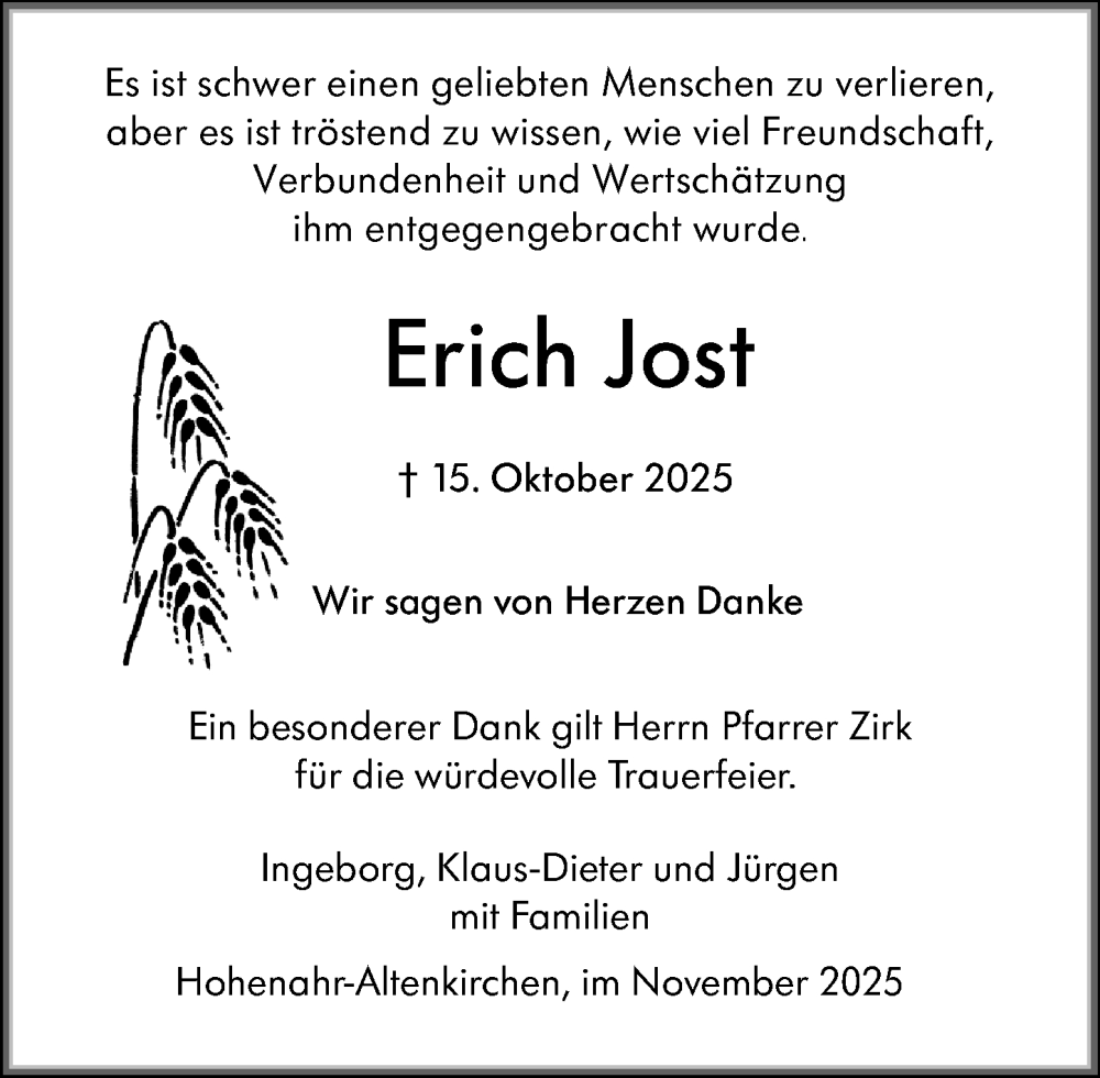  Traueranzeige für Erich Jost vom 15.11.2025 aus Wetzlarer Neue Zeitung