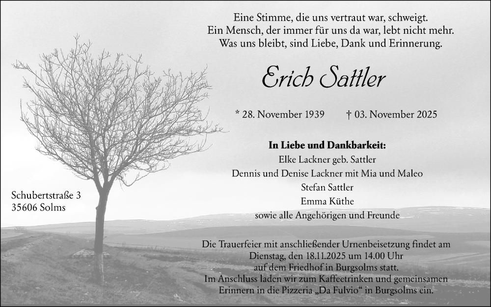  Traueranzeige für Erich Sattler vom 11.11.2025 aus Weilburger Tageblatt