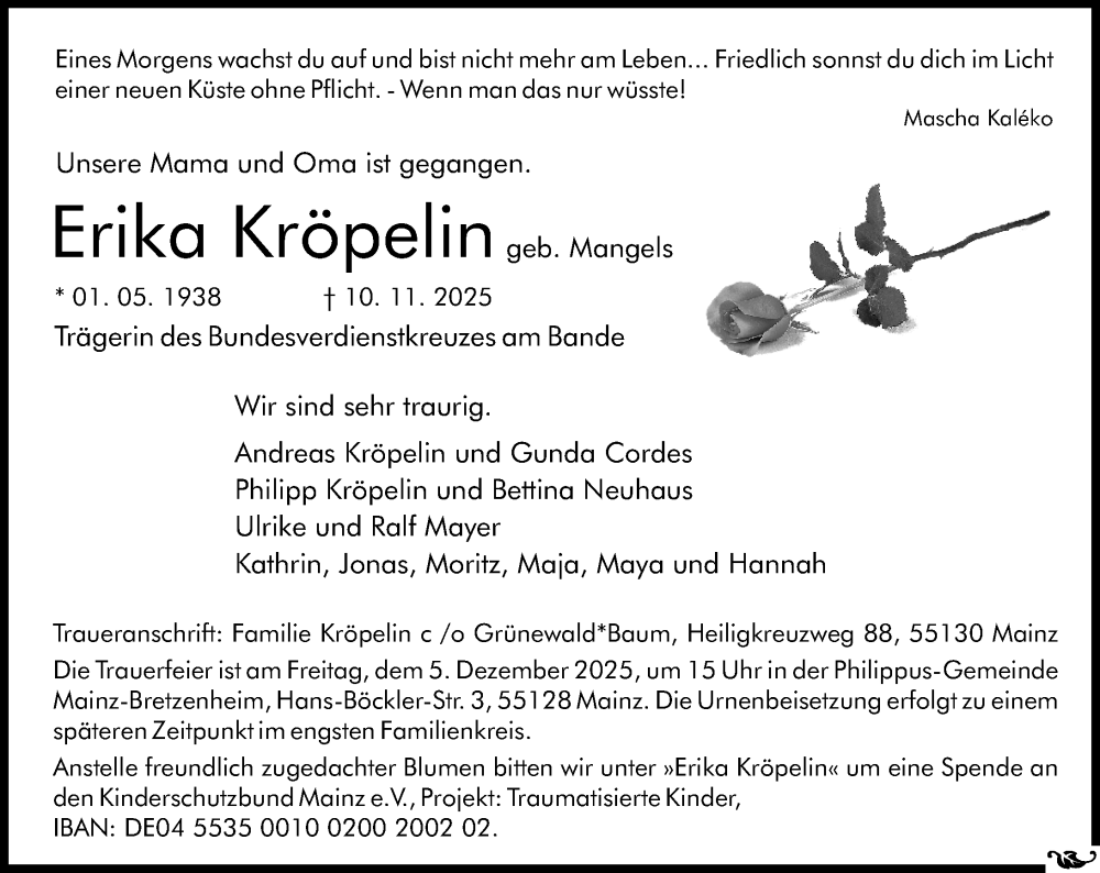  Traueranzeige für Erika Kröpelin vom 22.11.2025 aus Allgemeine Zeitung Mainz