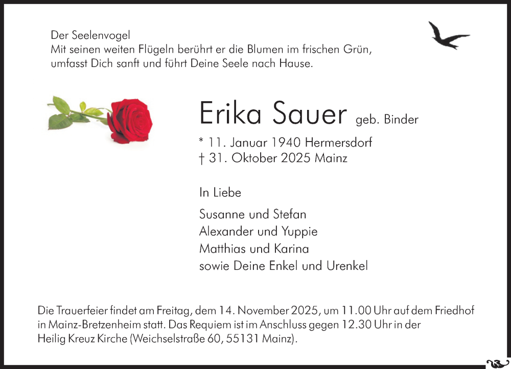  Traueranzeige für Erika Sauer vom 08.11.2025 aus Allgemeine Zeitung Mainz