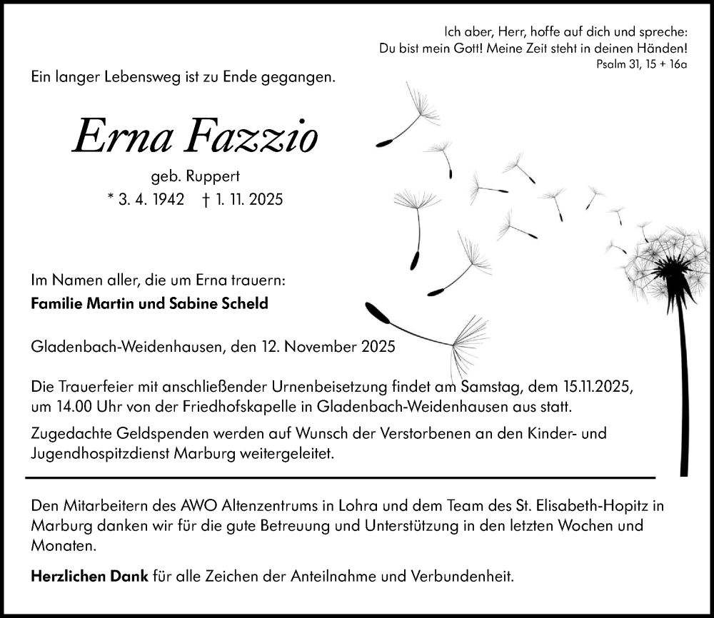 Traueranzeige für Erna Fazzio vom 12.11.2025 aus Hinterländer Anzeiger