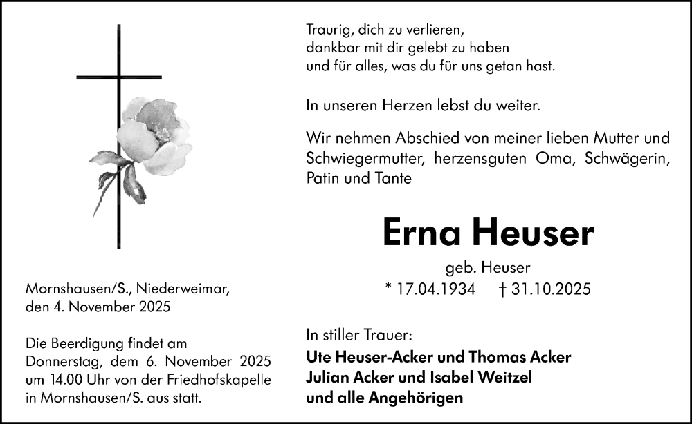  Traueranzeige für Erna Heuser vom 04.11.2025 aus Hinterländer Anzeiger