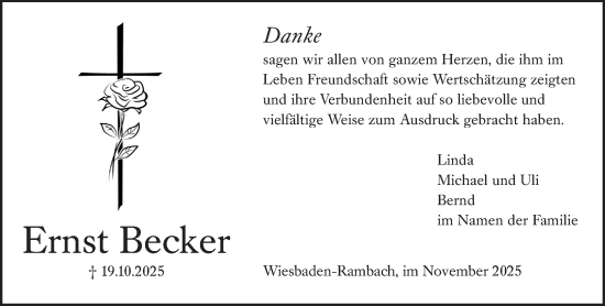 Traueranzeige von Ernst Becker von Wiesbadener Kurier
