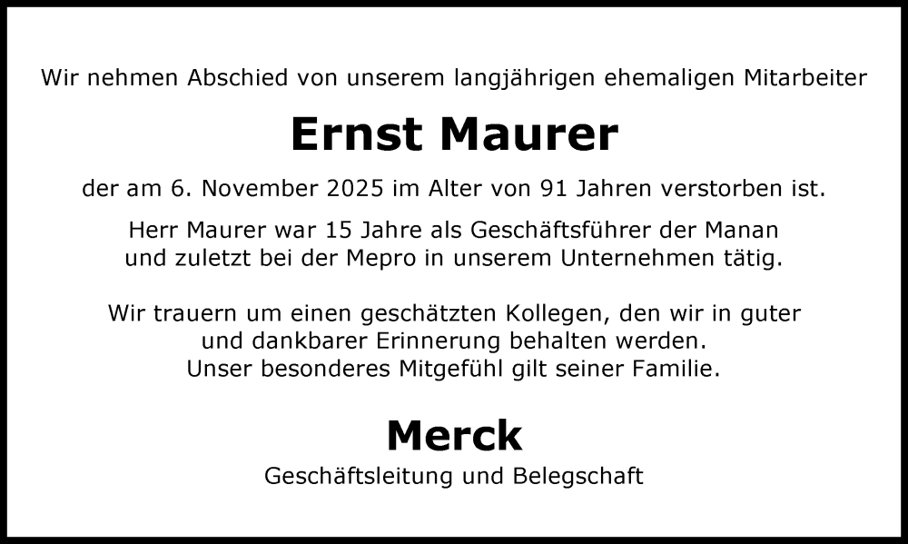  Traueranzeige für Ernst Maurer vom 22.11.2025 aus Darmstädter Echo