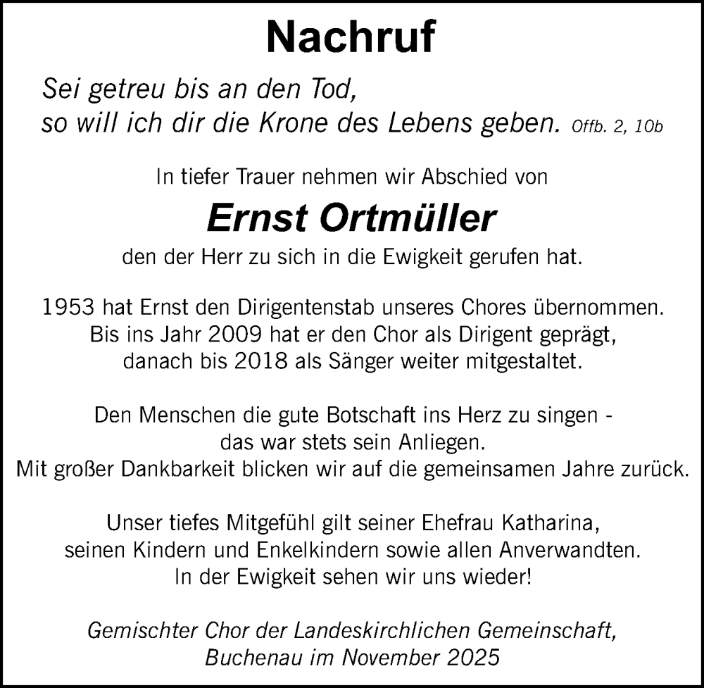  Traueranzeige für Ernst Ortmüller vom 28.11.2025 aus Hinterländer Anzeiger