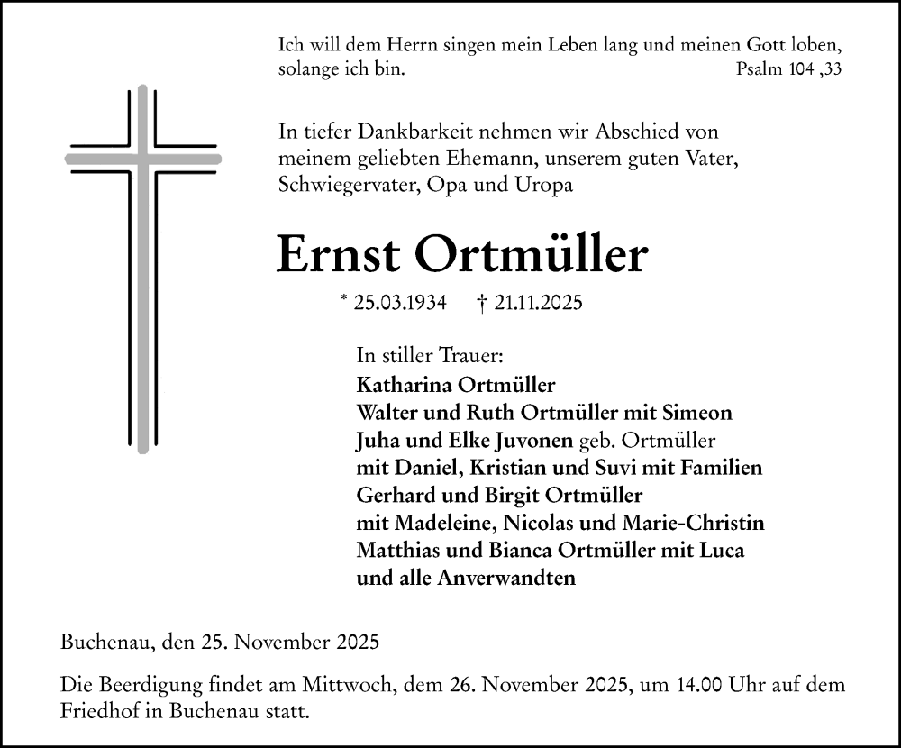  Traueranzeige für Ernst Ortmüller vom 25.11.2025 aus Hinterländer Anzeiger