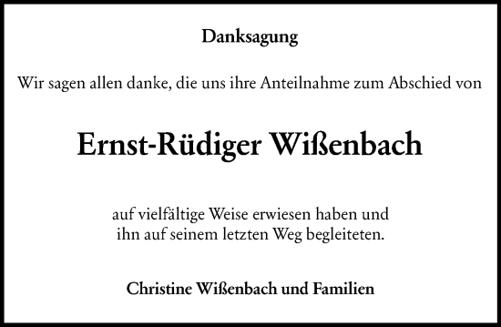 Traueranzeige von Ernst-Rüdiger Wißenbach von Dill Block