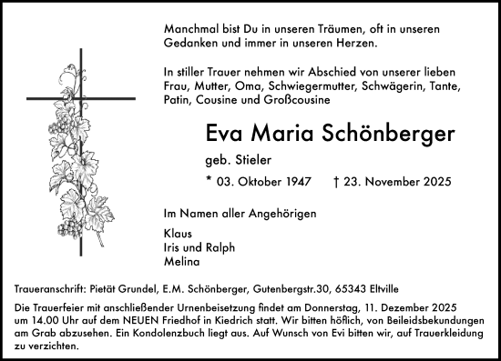 Traueranzeige von Eva Maria Schönberger von Rheingau Kurier