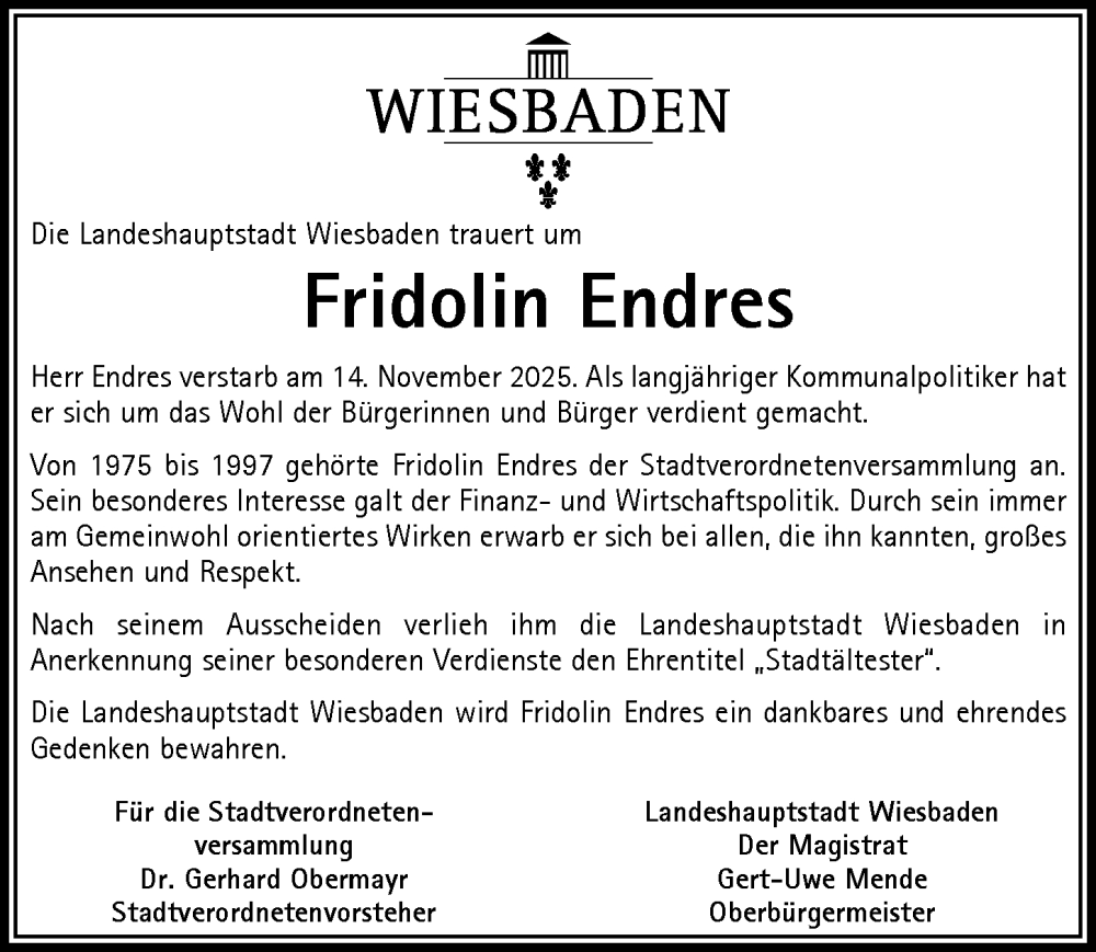  Traueranzeige für Fridolin Endres vom 29.11.2025 aus Wiesbadener Kurier