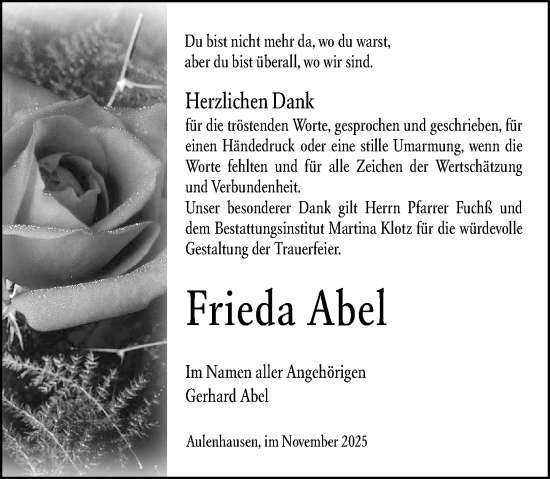 Traueranzeige von Frieda Abel von Weilburger Tageblatt