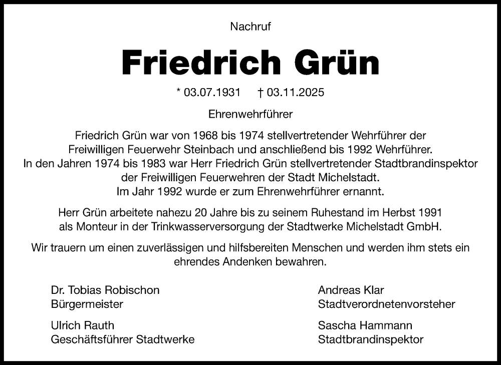  Traueranzeige für Friedrich Grün vom 15.11.2025 aus Odenwälder Echo