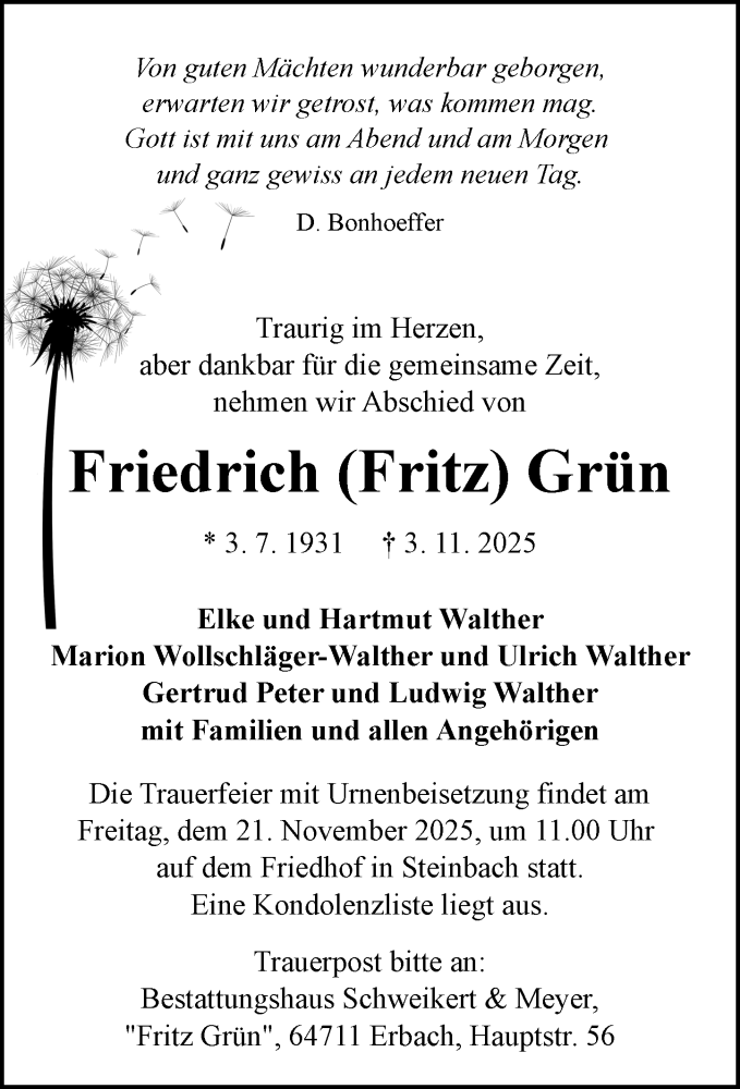  Traueranzeige für Friedrich Grün vom 15.11.2025 aus Odenwälder Echo