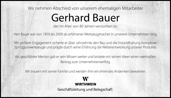Traueranzeige von Gerhard Bauer von Darmstädter Echo