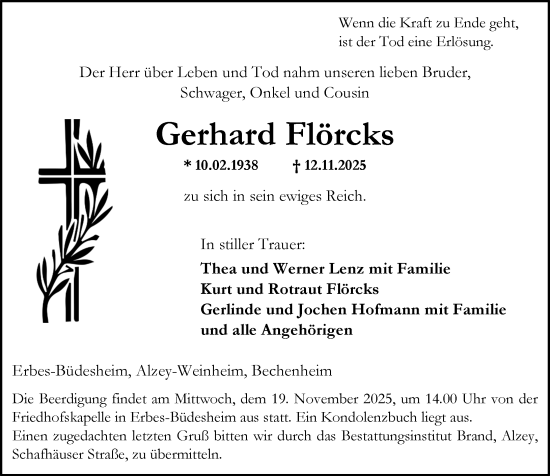 Traueranzeige von Gerhard Flörcks von Allgemeine Zeitung Alzey
