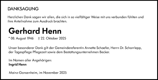 Traueranzeige von Gerhard Henn von Allgemeine Zeitung Mainz