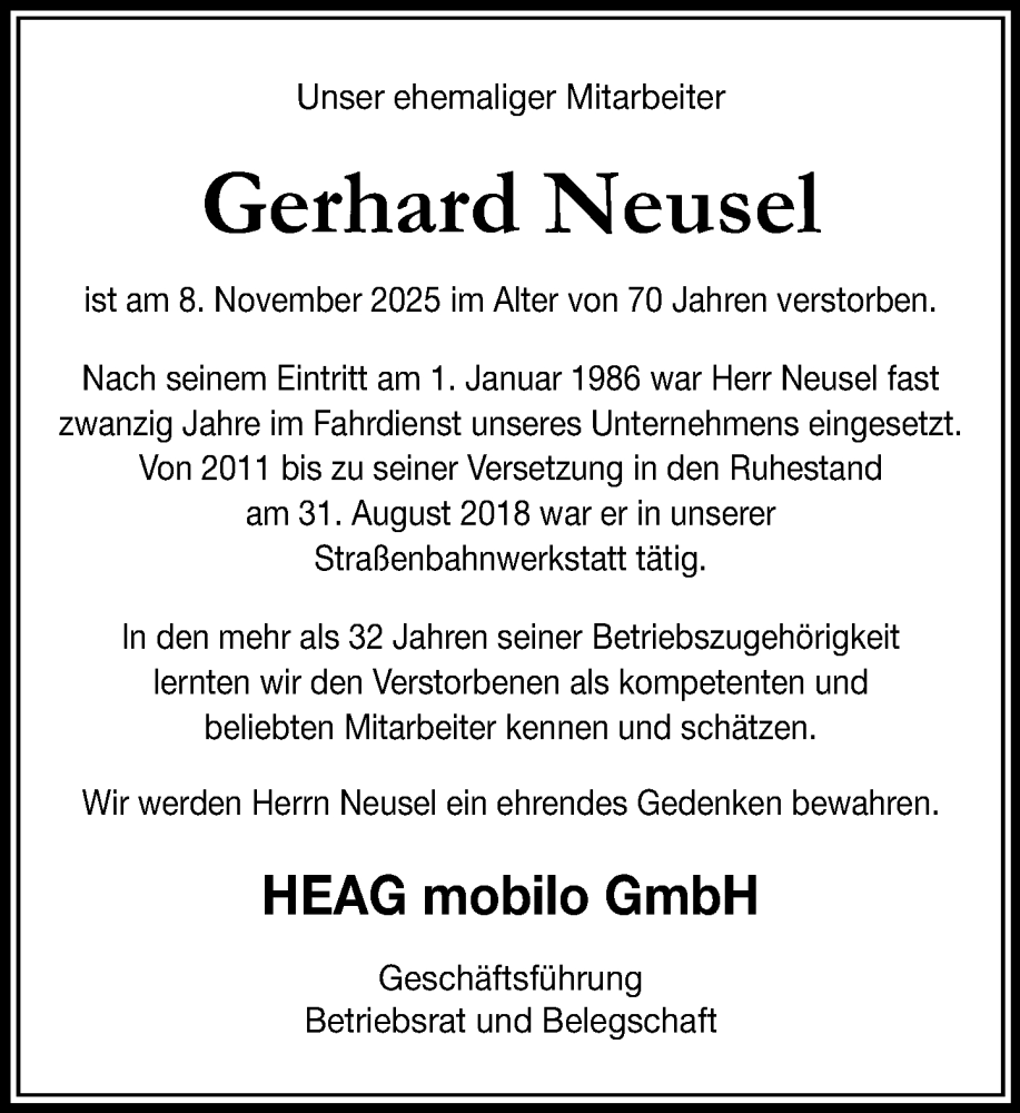  Traueranzeige für Gerhard Neusel vom 24.11.2025 aus Darmstädter Echo