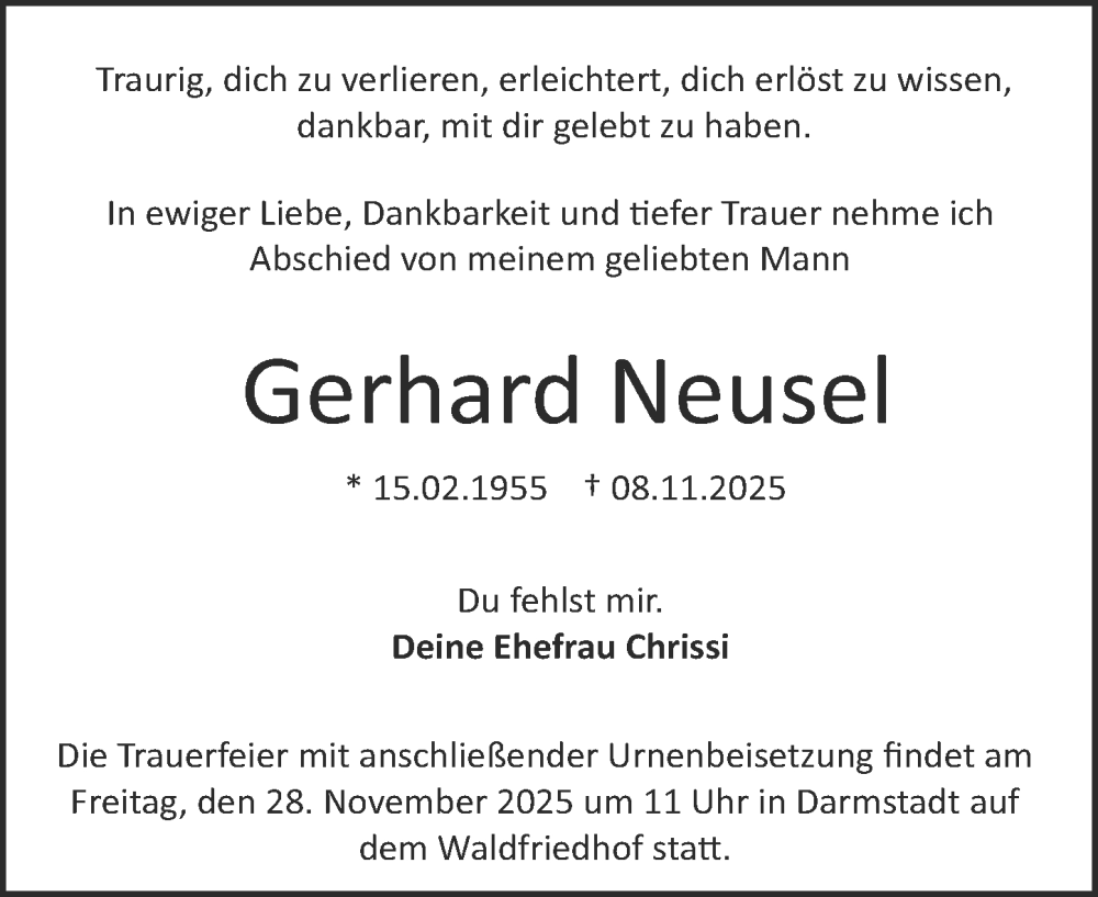  Traueranzeige für Gerhard Neusel vom 22.11.2025 aus Darmstädter Echo