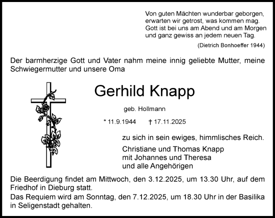 Traueranzeige von Gerhild Knapp von Dieburger Anzeiger/Groß-Zimmerner Lokal-Anzeiger