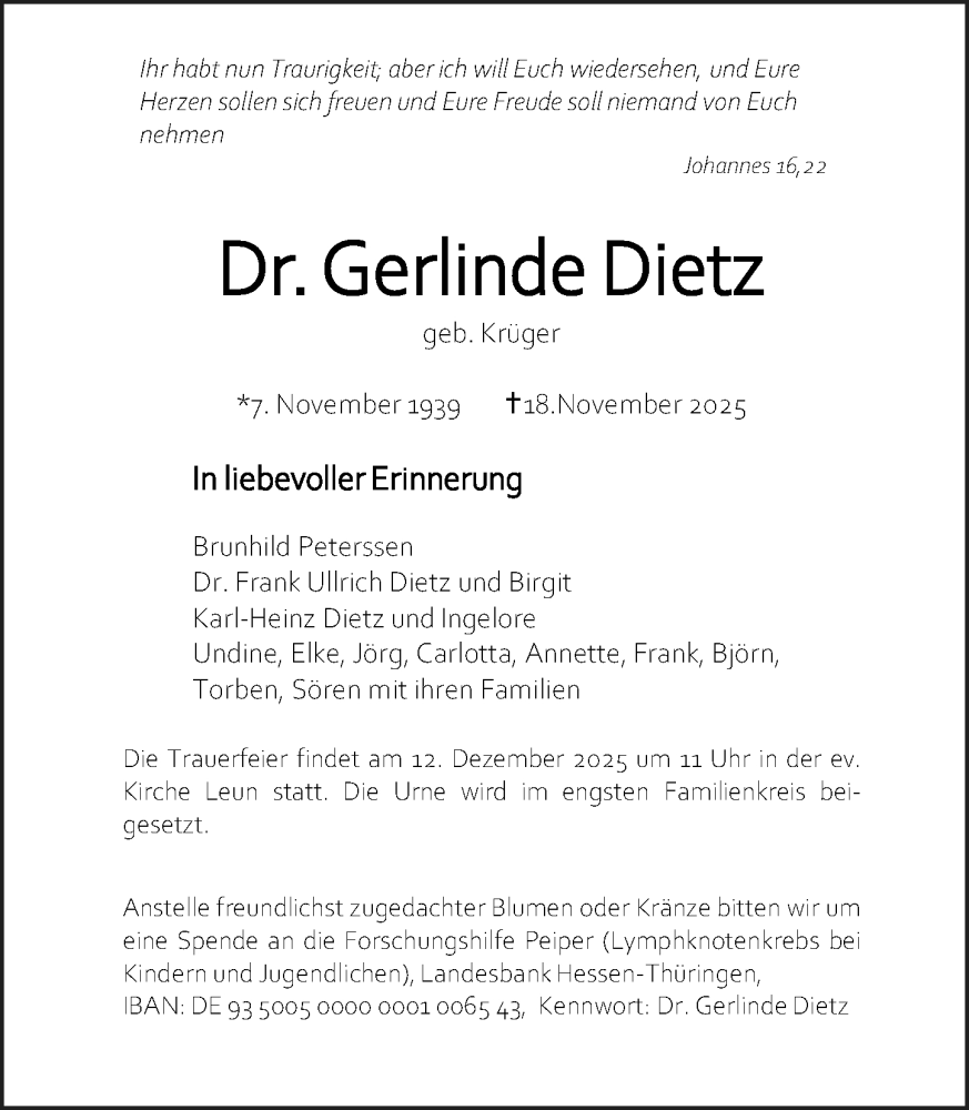  Traueranzeige für Gerlinde Dietz vom 29.11.2025 aus Wetzlarer Neue Zeitung