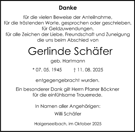 Traueranzeige von Gerlinde Schäfer von Dill Block