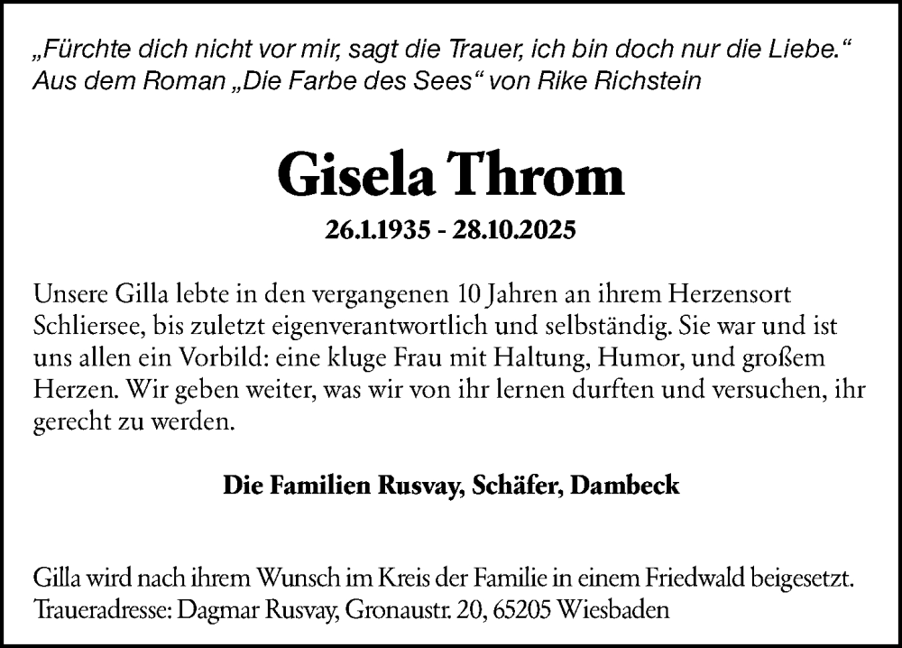  Traueranzeige für Gisela Throm vom 08.11.2025 aus Wiesbadener Kurier