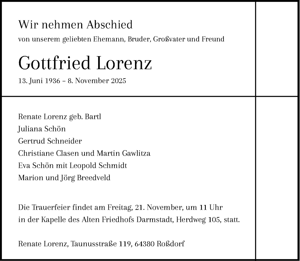  Traueranzeige für Gottfried Lorenz vom 14.11.2025 aus Darmstädter Echo