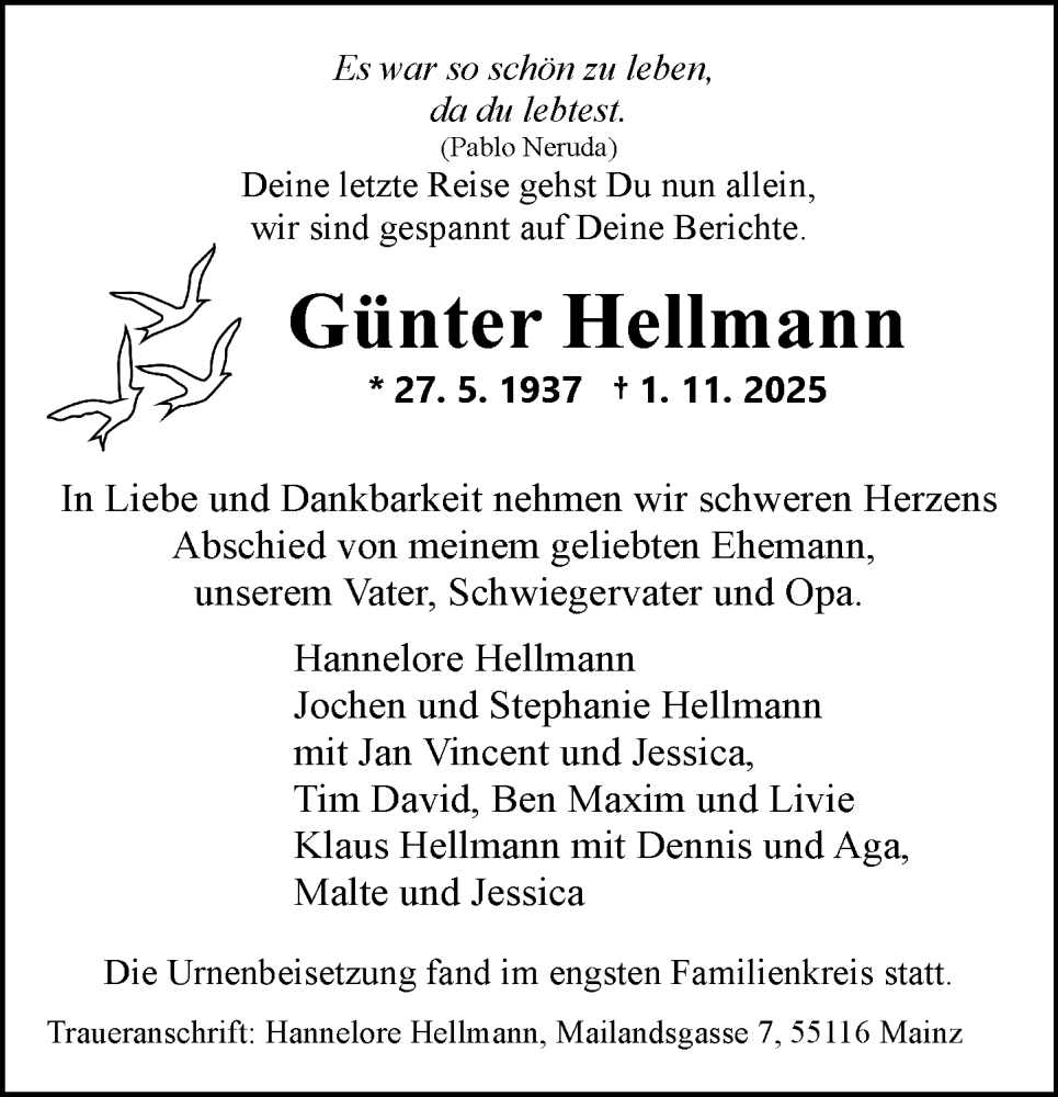  Traueranzeige für Günter Hellmann vom 15.11.2025 aus Allgemeine Zeitung Mainz