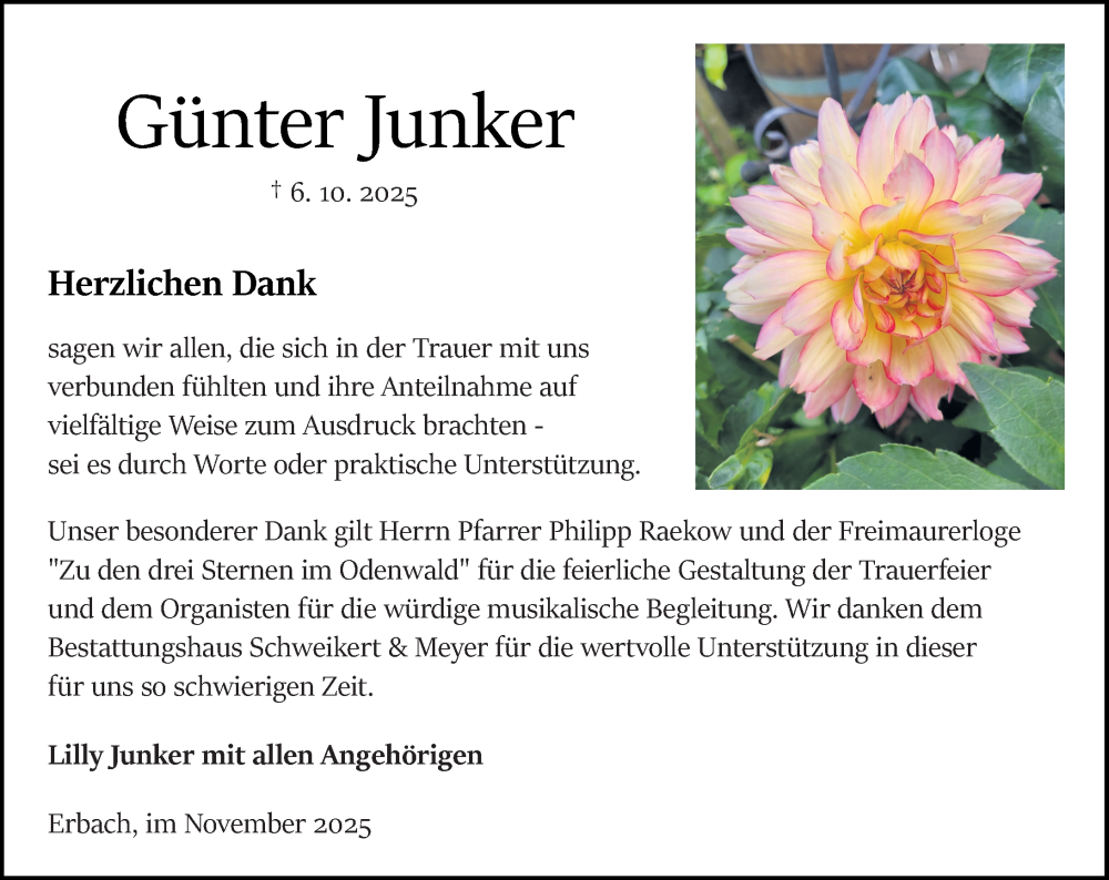  Traueranzeige für Günter Junker vom 08.11.2025 aus Odenwälder Echo