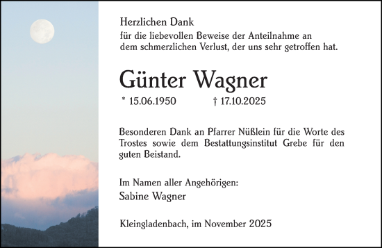 Traueranzeige von Günter Wagner von Hinterländer Anzeiger