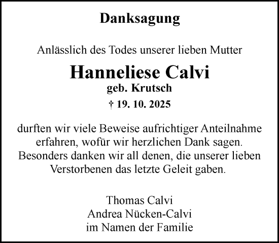 Traueranzeige von Hanneliese Calvi von Allgemeine Zeitung Mainz